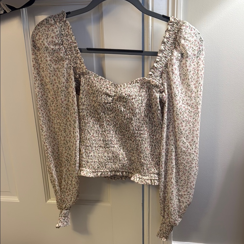 INTERMIX Floral Smocked Blouse in Cream and Pink